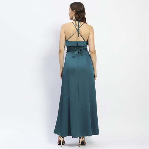 Madame Halter Neck Metal Accented Belt Teal Maxi Dress