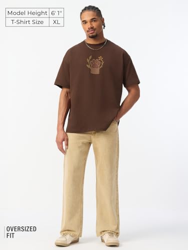 The Souled Store The Happy Pawdcast: Paws for Life Men and Boys Short Sleeves Round Neck Brown Graphic Printed Casual Drop Shoulder Casual Cotton Oversized T-Shirt