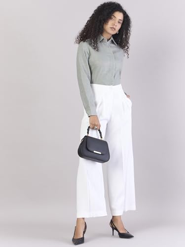 Powersutra Women High Rise White Trouser Pants | Solid | Formal Office Wear | High Waist | Pleated | Straight Fit | Side Pockets, Medium