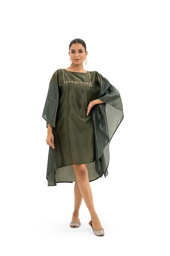 MIORAH Zari Tissue Dress with Viscose Slip for Women & Girls, Oversized Zari Tissue Ethnic Dress for Women’s, Round Neck & Hand Embroidery with Cut Dana (Colour- Olive Green, Size- 3XL)