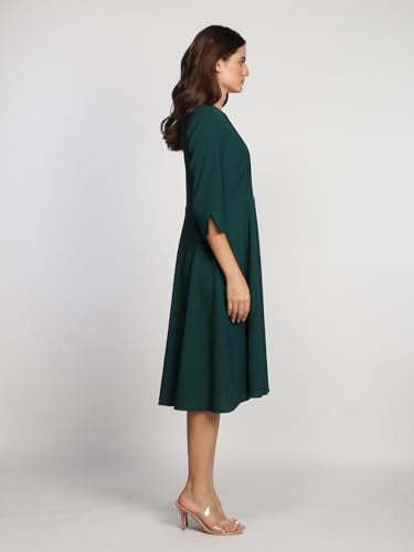 Zink London Women's Dark Green Solid A-Line Midi Dress - SaumyasStore