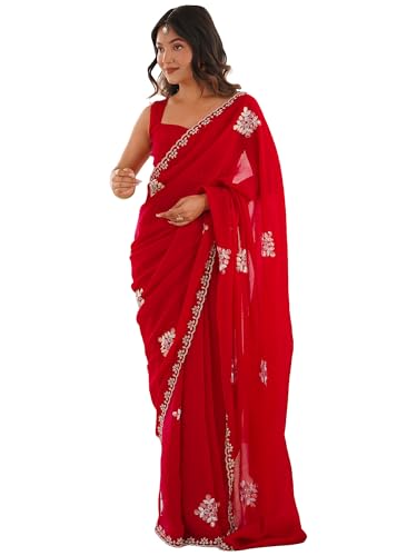 AKHILAM Women's Red Tissue Embellished Saree With Unstitched Blouse Piece (KRIYNS5407_KH)