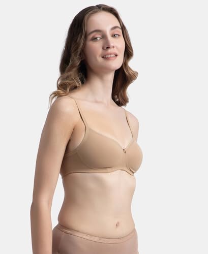 Jockey 1723 Women's Wirefree Padded Super Combed Cotton Elastane Stretch Medium Coverage T-Shirt Bra with Lace Styling_Almondine_38B