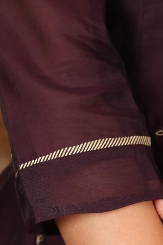 W for Woman Purple Floral Printed Dori Embroidered Chanderi Flared Kurta with Mock Layer and Dupatta Set (Size: M)-24AUWS11194-124358