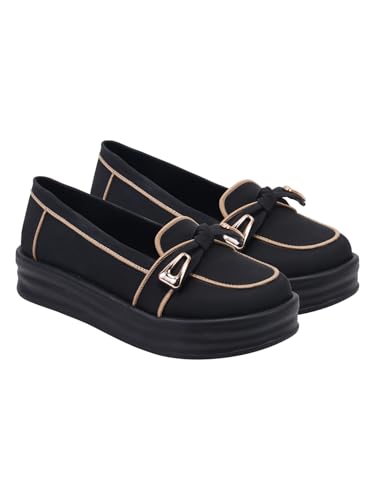 Shoetopia Women’s Black Platform Loafers || Stylish Slip-On Casual Shoes with Metal Detail || Comfortable Everyday Footwear EU39