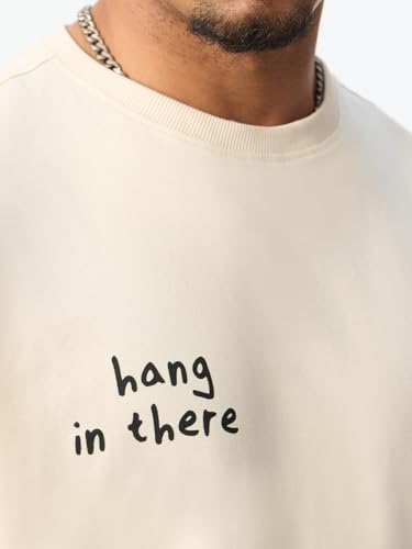 The Souled Store The Happy Pawdcast: Hang in There Men and Boys Short Sleeves Round Neck Cream Graphic Printed Cat Casual Lightweight Drop Shoulder Streetwear Trendy Oversized T-Shirts