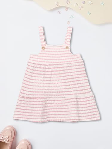 Max Girls Striped Pinafore Dress with T-Shirt (Pink_12-18 M)