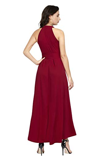 REMO - The Right Choice Women's Halter Neck Maxi Dress, Maroon Red, High-Low Hem with Waist Tie Belt, Sleeveless (in, Alpha, M, Regular)