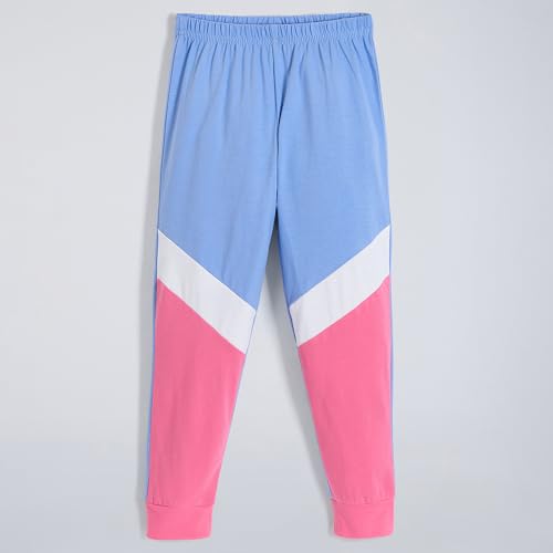 Hopscotch Girls Blue Full Sleeves 2-Pc Colourblock Cotton Jogger Set For Age (3-4 Years)