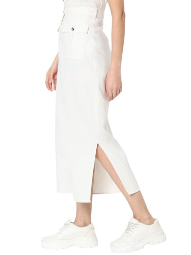 VERO MODA Women Solid White Linen Midi Length High-Rise A-Line Skirt