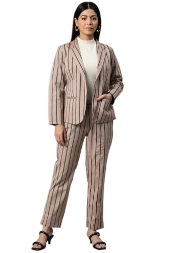 Cottinfab Women Striped Coffee Brown Notched Lapel Blazer Suit Set