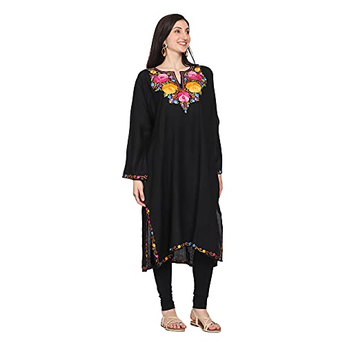 CRAFTBAZAR Kashmiri Woolen Black phiran with Multi Colour Embroidery Plus Size