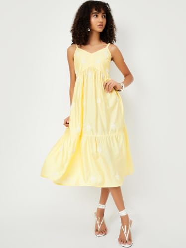 Max Women's Polyester A-Line Midi Dress (TL55002_Lemon