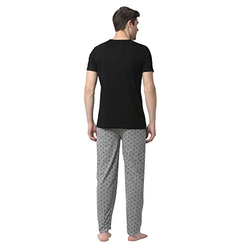 Mack JONNEY Cotton Blend Night Suit Co-ord Set for Men with Round Neck Half Sleeve T-Shirt and Track Pant-T_BLK_D1_PRT_4MLG_02-XL