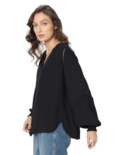 VERO MODA Women's Solid Regular Fit T-Shirt (Black) - SaumyasStore