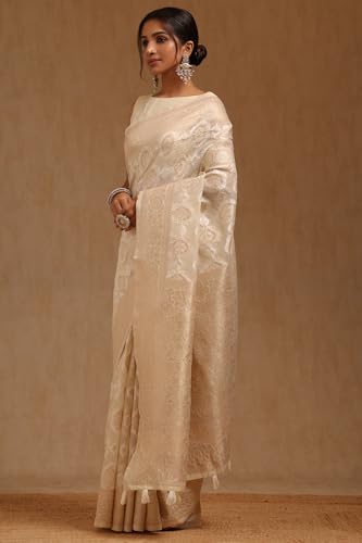 Soch Womens Cream Linen Woven Design Saree With Zari Woven