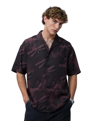 The Souled Store Oversized Shirt: Dragonfly Men and Boys Short Sleeves Cuban Collar Printed Viscose Relaxed Fit Casual Shirts |Dark Brown, S