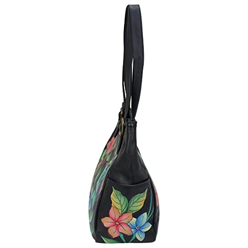 Anna by Anuschka Women's Genuine Leather Shoulder Bag - Hand Painted Original Artwork Exterior, Paradise Black, One Size