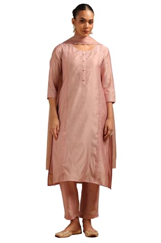 Soch Womens Blush Pink Chanderi Embroidered Suit Set With Machine Embroidery
