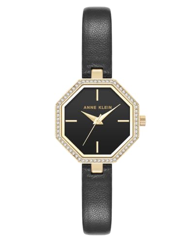 Anne Klein Women's Premium Crystal Accented Leather Strap Watch, Black/Gold