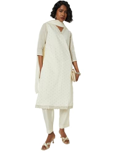 Max Women Embroidered Straight Kurta Set(White_M)