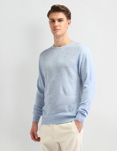 Arrow Mens Blue Self-Design Crew Neck Long SleeveCasual CottonRegular Fit Sweater (ARAISW4030_Blue_M)