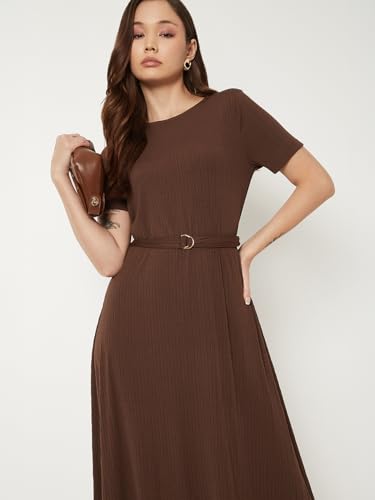 Max Women Textured A-line Belted Dress (Brown_XXL)