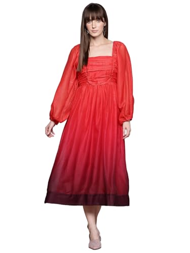 Label RITU KUMAR Square Neck Full Sleeves Ombre Long Dress Red