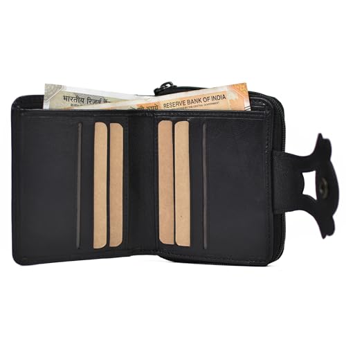 WildHorn RFID Protected Genuine Leather Wallet for Women with 8 Card Slots | Stylish Purse for Women/Girls (Black)