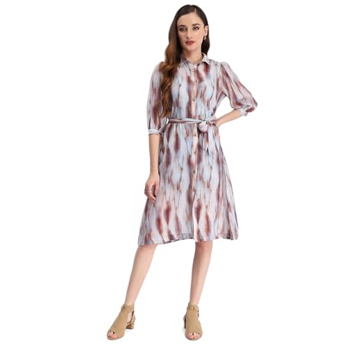 Madame Blue Abstract Print Belted A Line Midi Dress