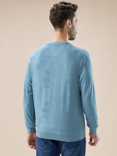 Status Quo Men's Geometric Textured Round Neck Full Sleeve Regular Fit T-Shirt | 50% Cotton 45% Polyester 5% Lycra | S.Blue | M Size