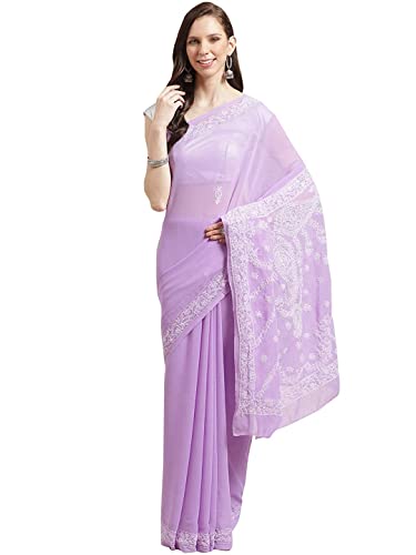 Ada Hand Embroidered Chikankari Georgette Mauve Saree for Women A183248