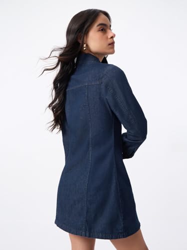 The Souled Store Denim Line: Galactic Women and Girls Long Sleeves Spread Collar Indigo Blue Solid Cotton Regular Fit Detachable Belt Full Zip Shirt Dress