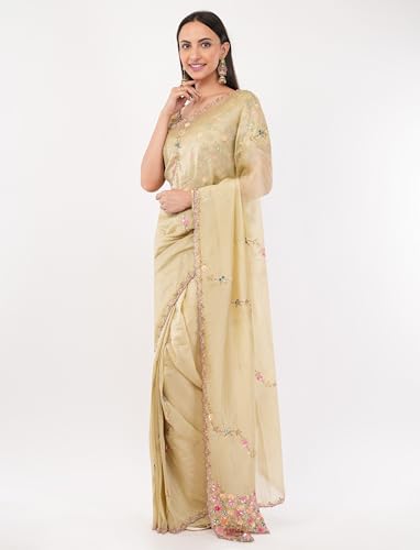 Gaon Originals Hand-Embroidered Silk Saree in Pastel Beige – 5.5m