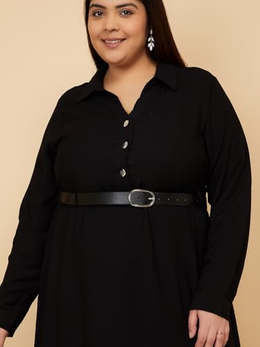 Max Women Solid Shirt Dress with Belt(Black_3XL)
