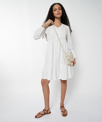 Max Women Embroidered Tiered Dress(White_XL)