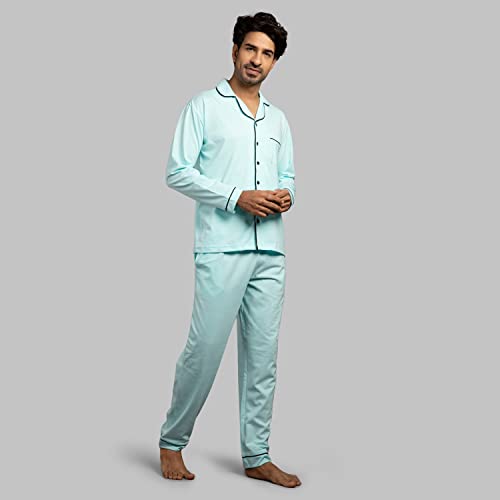 NITE FLITE Aqua Mens 100% Cotton Nightwear | Top and Pyjama Set (Mint, S)