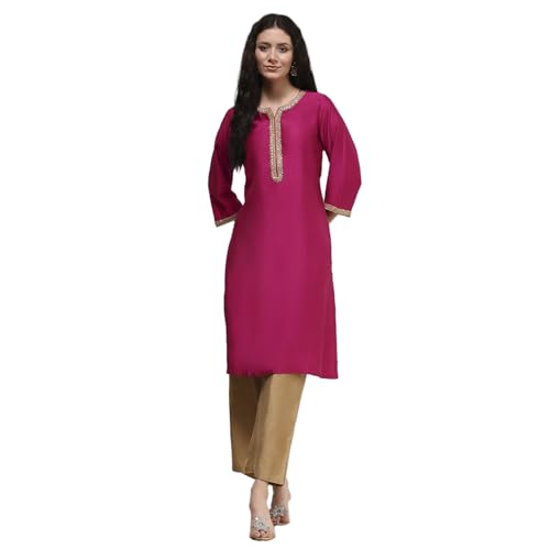 Biba Women Wine Polyester Blend Straight Solid Kurta_34