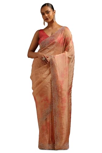 Soch Womens Peach Fendy Organza Embellished Saree With Stone Work