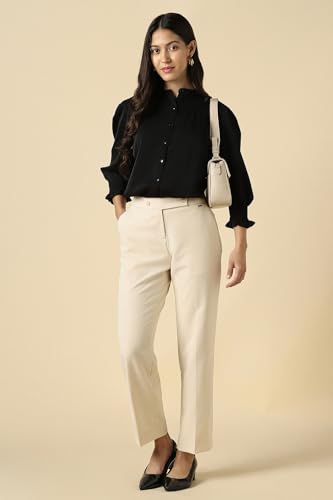 Women Beige Solid Formal Trousers
