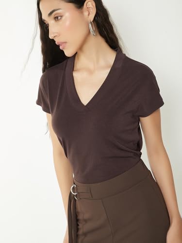 Max Women Solid T-Shirt (Brown_S)