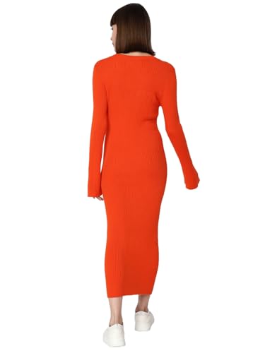 VERO MODA Women Textured Viscose Midi Orange Bodycon Dress