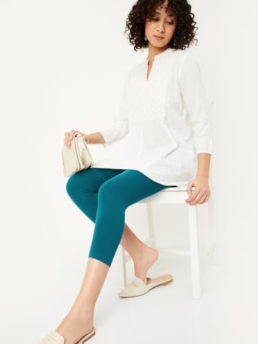 Max Women Solid Calf Length Leggings, Teal, S