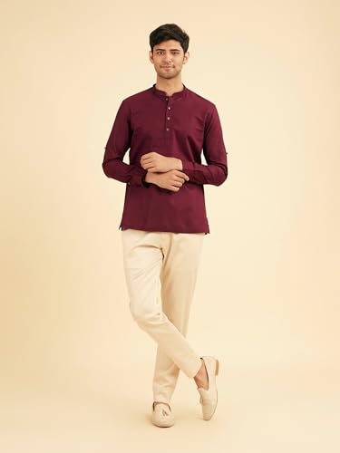 Manyavar Men's Cotton Solid Casual Short Kurta (Wine,XXL)