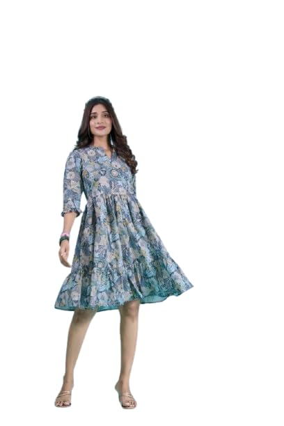 ORICA FASHION Women's Blue Poly Crepe Printed Fit & Flare Dress | Stylish Party Dress for Women & Girls (XL)