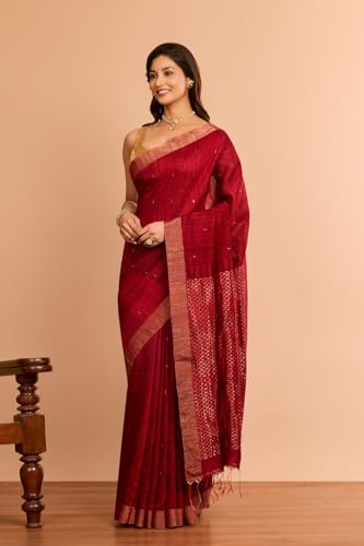 Taneira Women Dark Red Woven Pure Silk Vanya Bengal Saree With Unstitched Blouse Piece (SAPH01AC6405-Dark Red)
