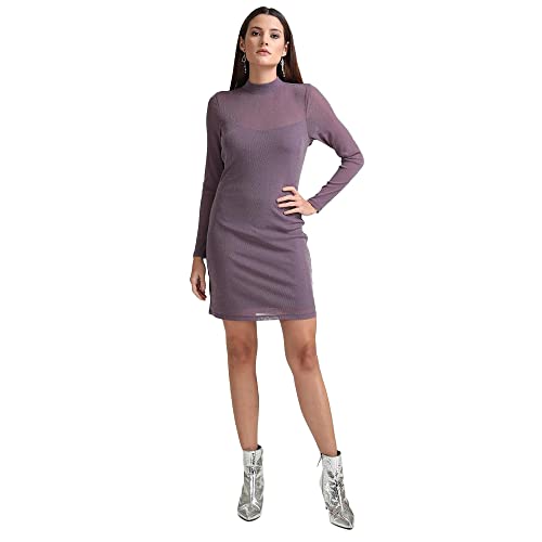 Kazo Solid Polyester Blend High Neck Women's Midi Dress (Purple,Large)