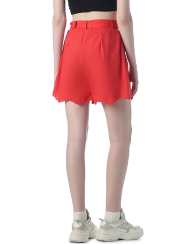 ONLY Women's Self Design Regular Fit High-Rise Red Shorts