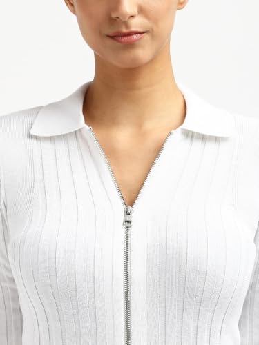 Calvin Klein Jeans Slim Fit Polyester Spread Collar Front-Open Sweater Bright White