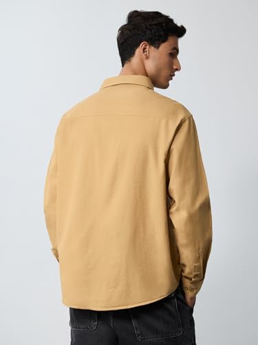 The Souled Store Cotton Linen: Chasing Sunset Men and Boys Long Sleeves Collared Neck Button Front Beige Embroidered Regular Fit Cotton Linen Shirts